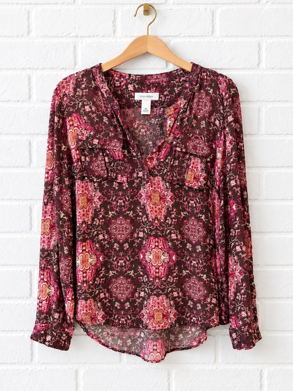 Dressbarn Paisley Boho Blouse Medium Burgundy Long Sleeve  Top XL